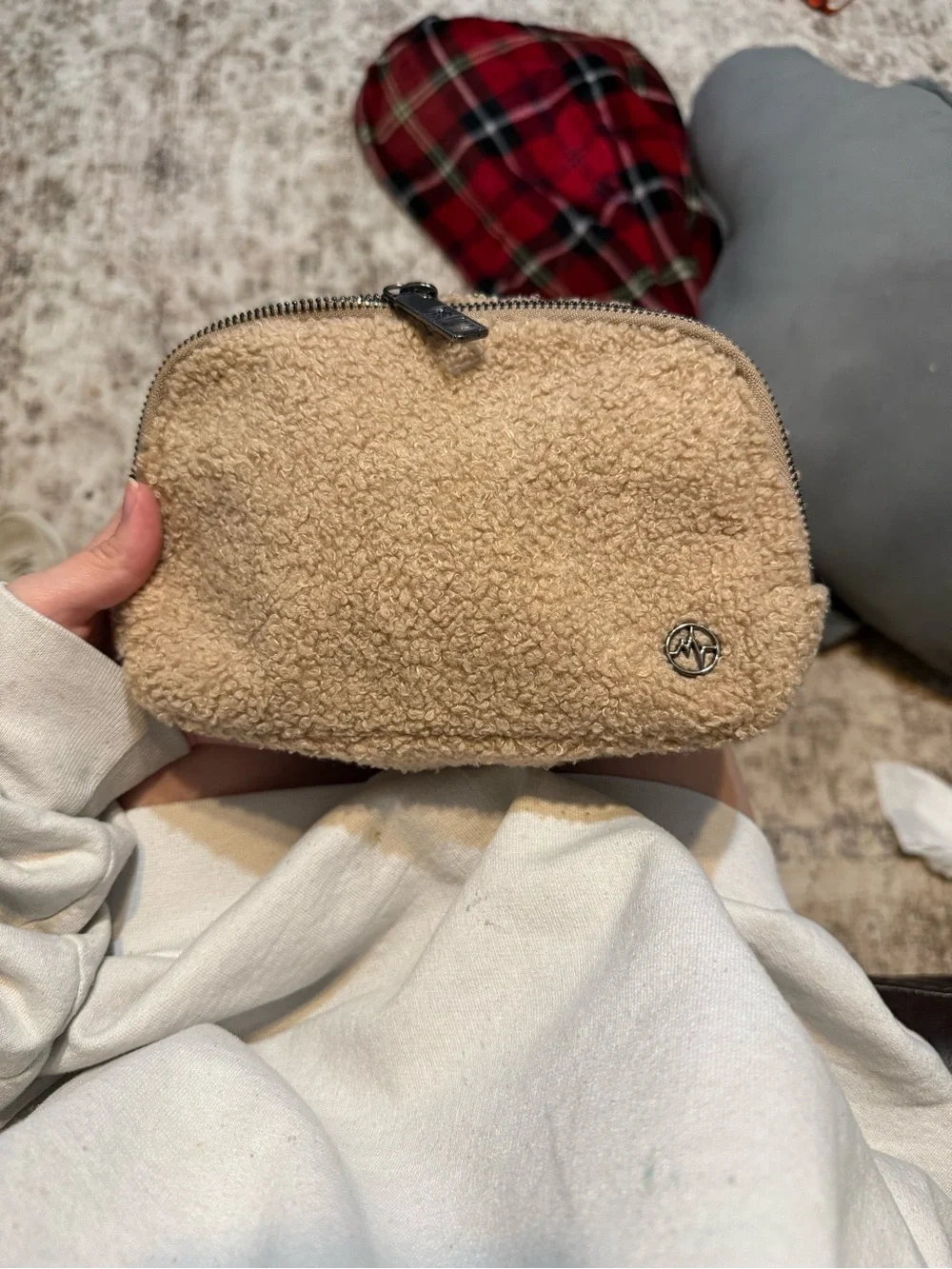 Beige Sherpa Belt Bag Pouch with Zipper